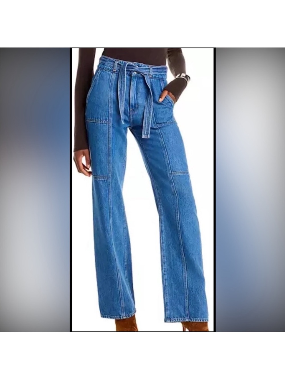 Classic High-Rise Blue Denim Wide-Leg Jeans with Self Tie Belt